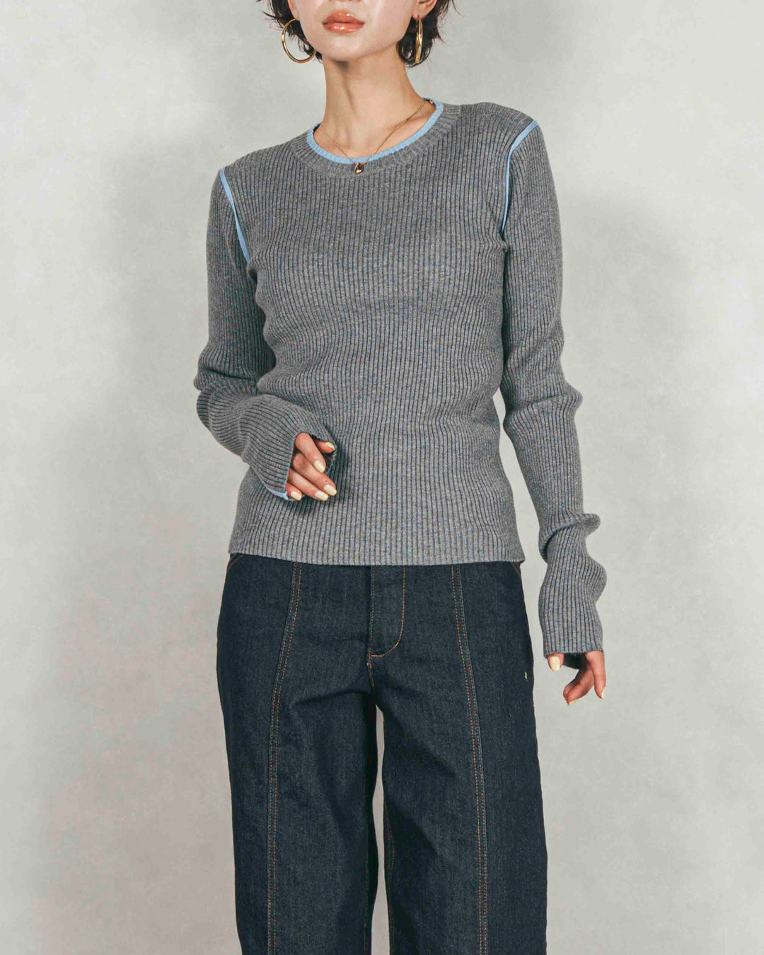 ［SET］バイカラークルーネックニットトップス+センターシーム リラックスワイドデニム（2SET）