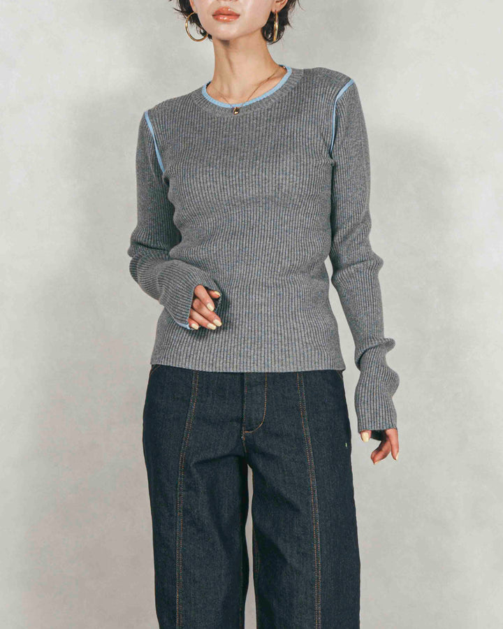 ［SET］バイカラークルーネックニットトップス+センターシーム リラックスワイドデニム（2SET）