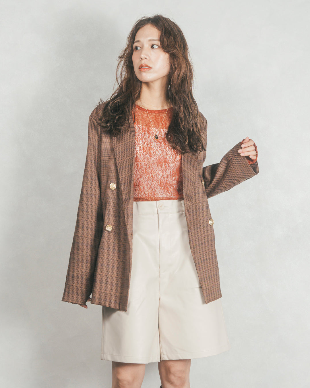 ［SET］Effortless チェックジャケット+レザーライクハーフパンツ（2SET）