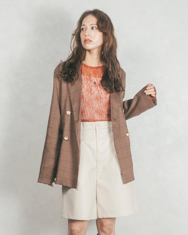 ［SET］Effortless チェックジャケット+レザーライクハーフパンツ（2SET）
