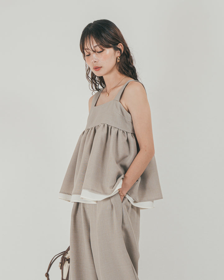［SET］スラブTweedバイカラーティアードキャミ + スラブTweedタックワイドパンツ（2SET）