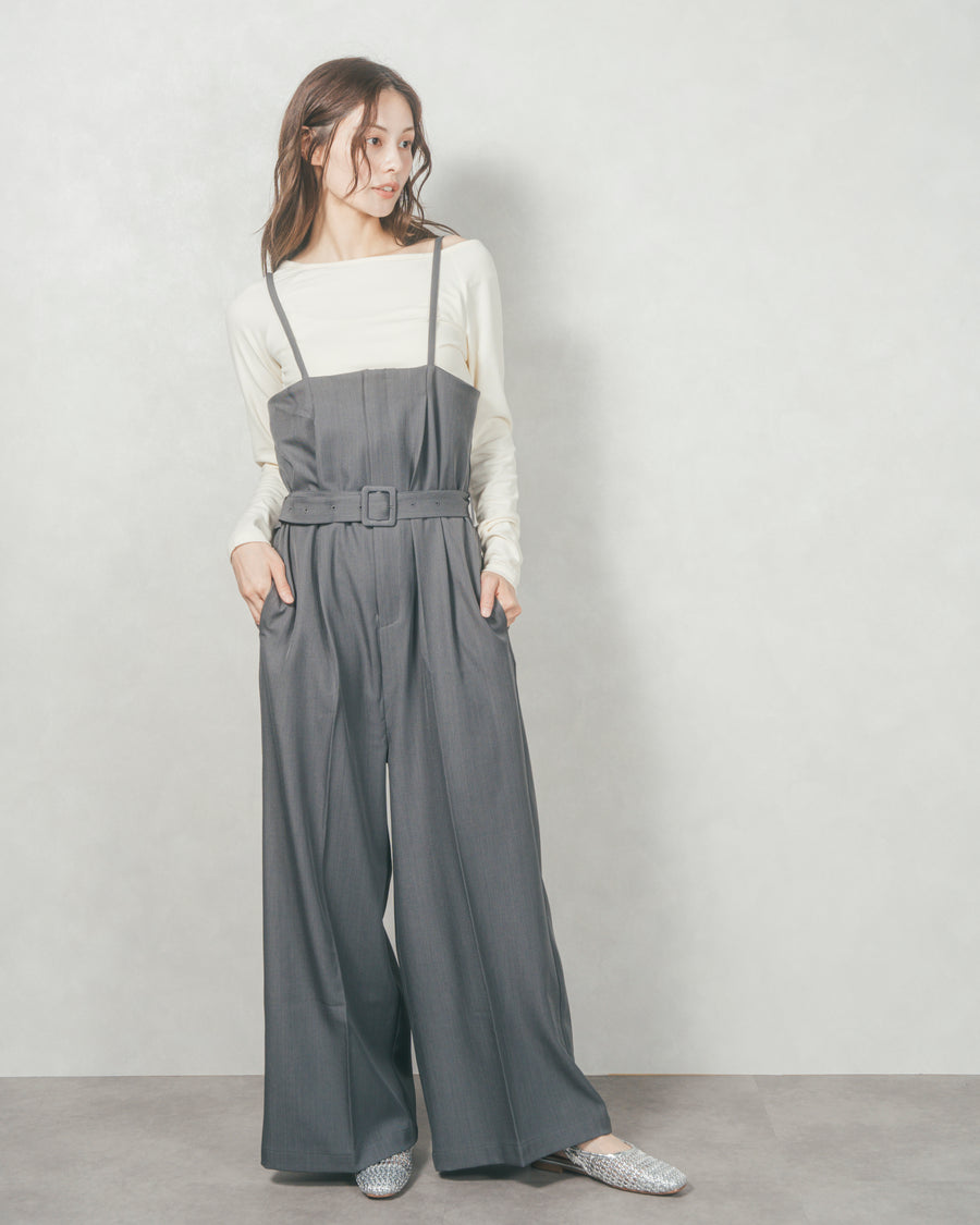 ［SET］3-Way すっきり見えオフショルトップス+ウエストベルト付 Twillキャミサロペ（2SET）