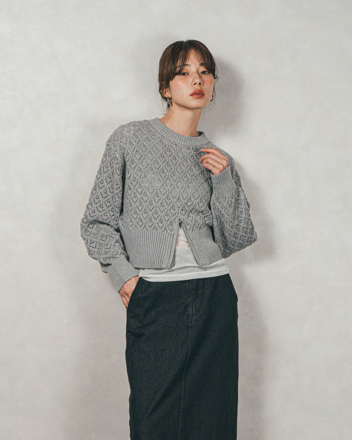 ［SET］透かし編みフロントスリットニット+フロントスリット Iラインデニムスカート（2SET）