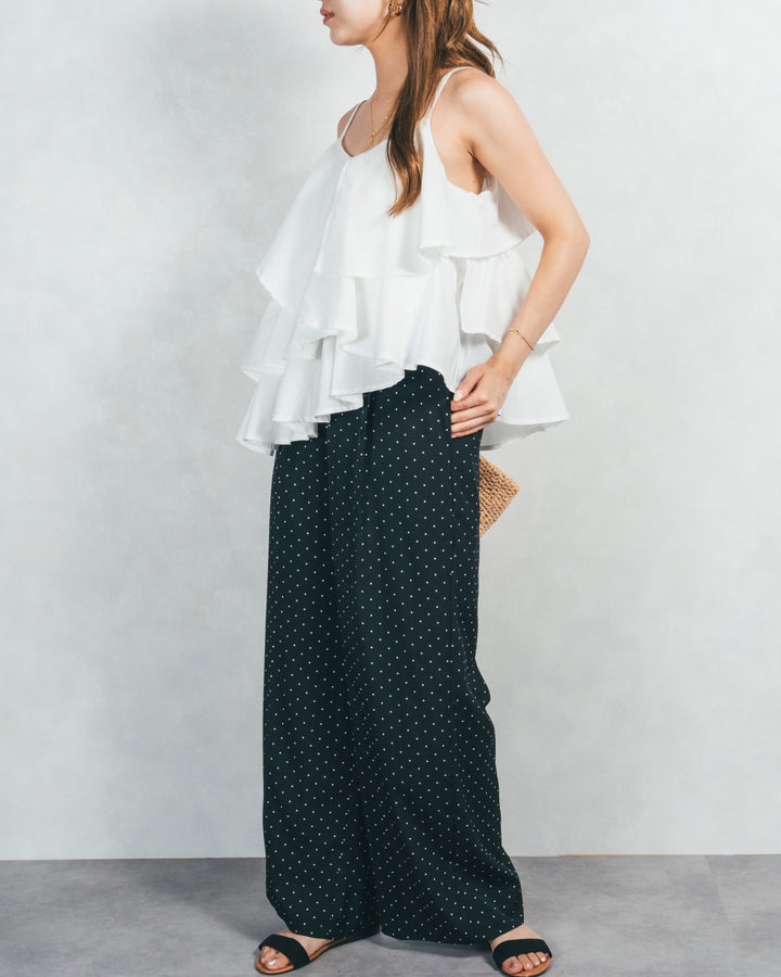［SET］ドットペプラムビスチェ+ドットイージーストレートパンツ+フリルウェーブキャミトップス（3SET）