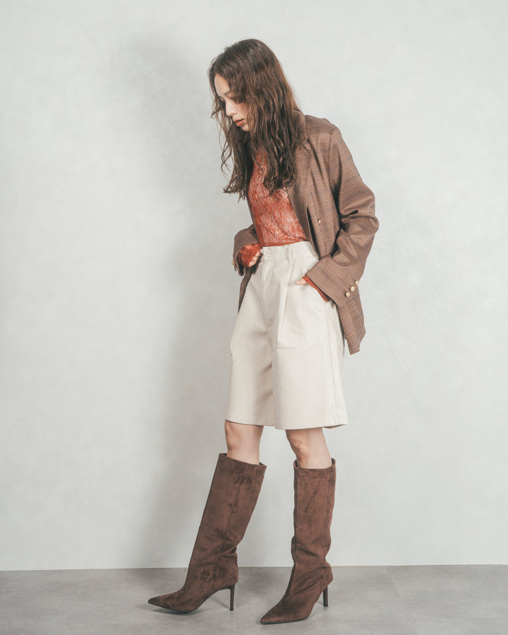 ［SET］Effortless チェックジャケット+レザーライクハーフパンツ（2SET）