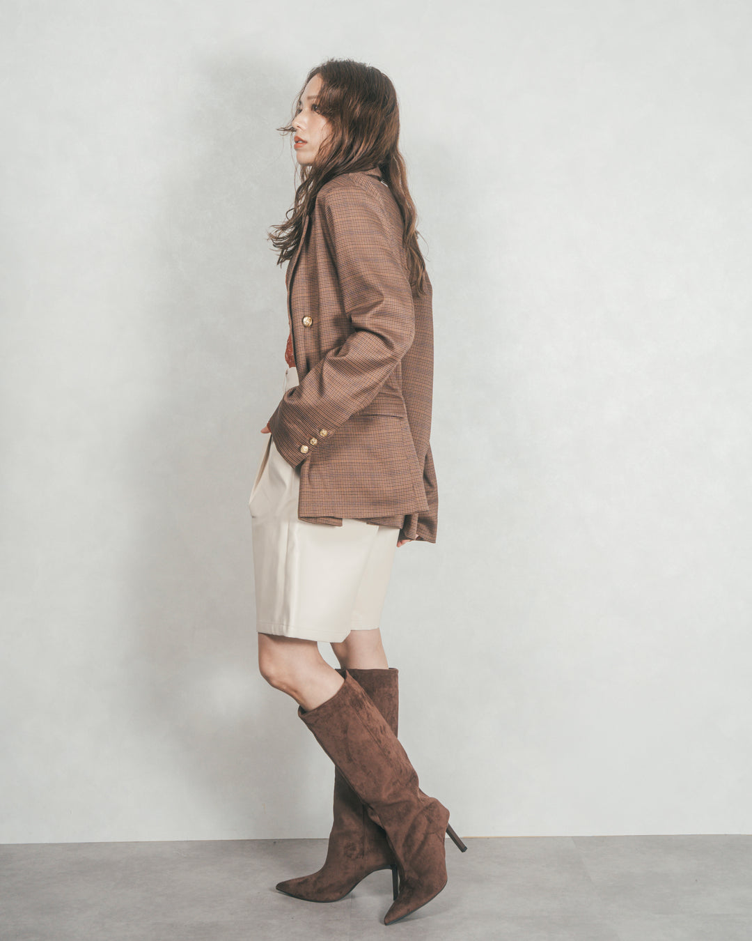 ［SET］Effortless チェックジャケット+レザーライクハーフパンツ（2SET）