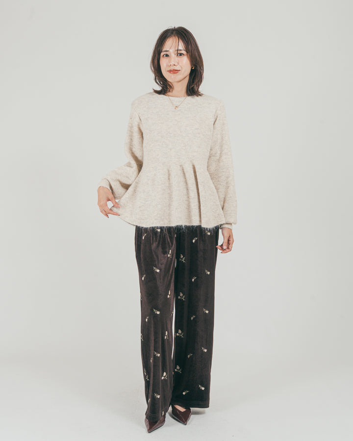 ［SET］モヘア Peplumニット + Flower刺繍 ベロアパンツ（2SET）