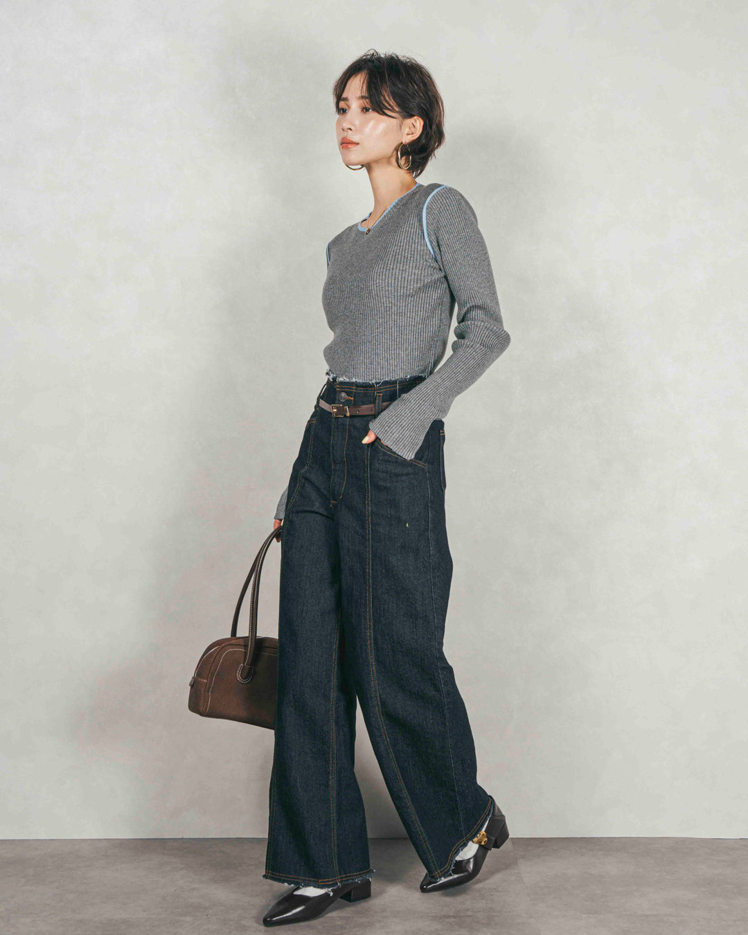 ［SET］バイカラークルーネックニットトップス+センターシーム リラックスワイドデニム（2SET）