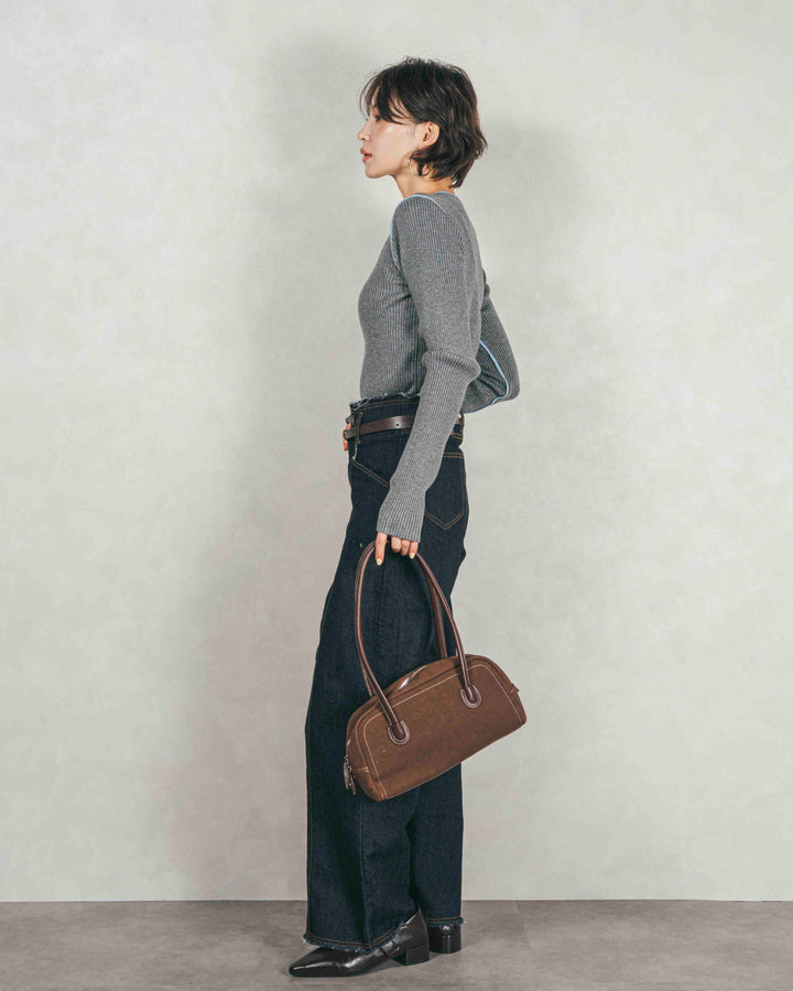 ［SET］バイカラークルーネックニットトップス+センターシーム リラックスワイドデニム（2SET）