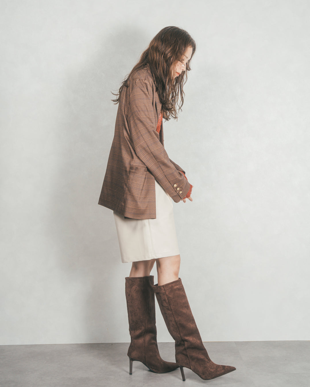 ［SET］Effortless チェックジャケット+レザーライクハーフパンツ（2SET）