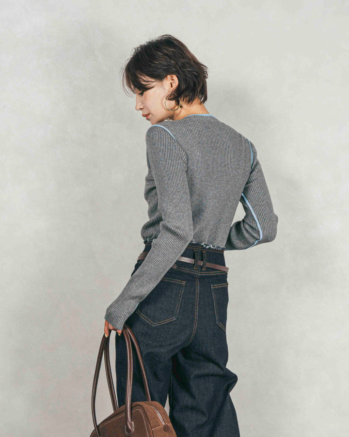 バイカラークルーネックニットトップス (GRAY x LIGHT BLUE)