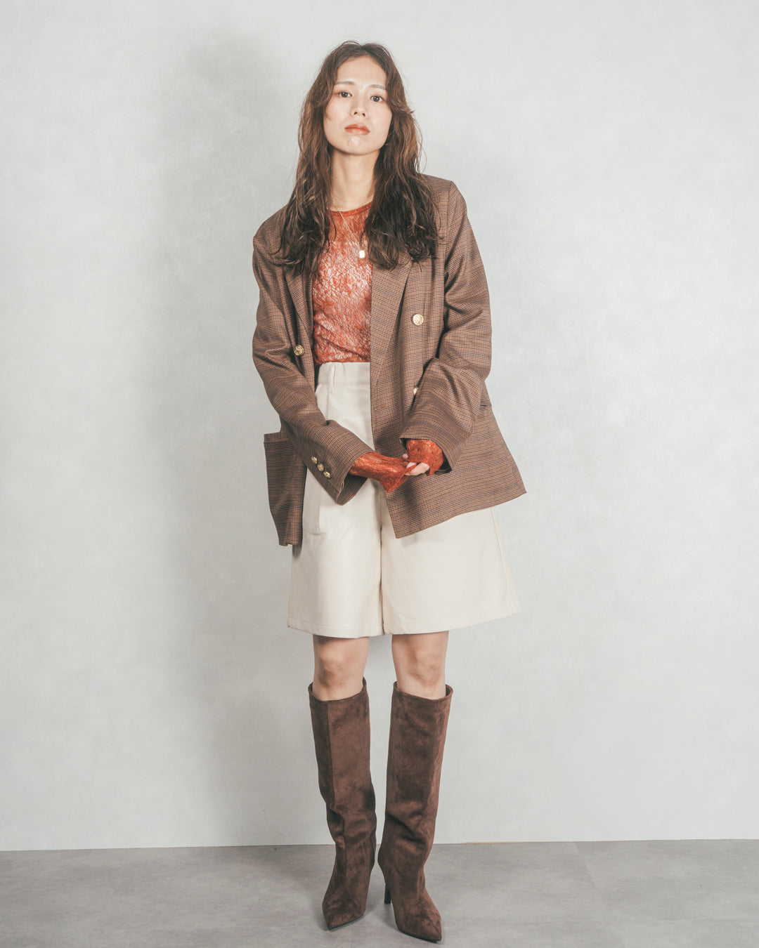 ［SET］Effortless チェックジャケット+レザーライクハーフパンツ（2SET）