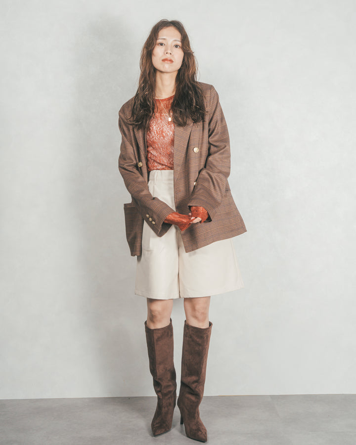 ［SET］Effortless チェックジャケット+レザーライクハーフパンツ（2SET）