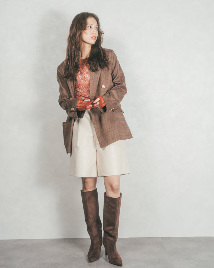［SET］Effortless チェックジャケット+レザーライクハーフパンツ（2SET）