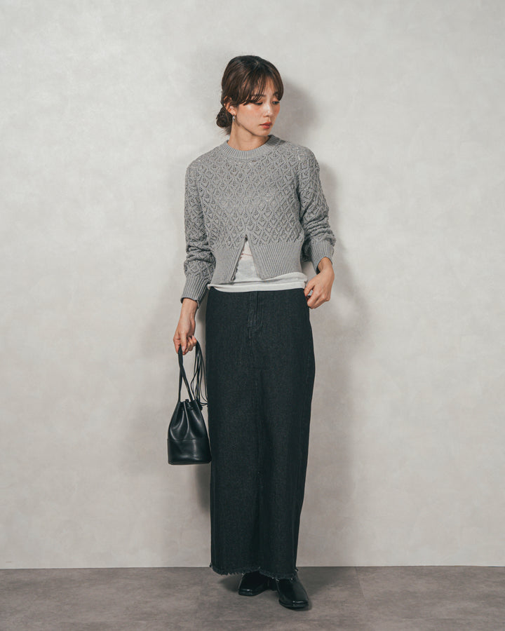 ［SET］透かし編みフロントスリットニット+フロントスリット Iラインデニムスカート（2SET）