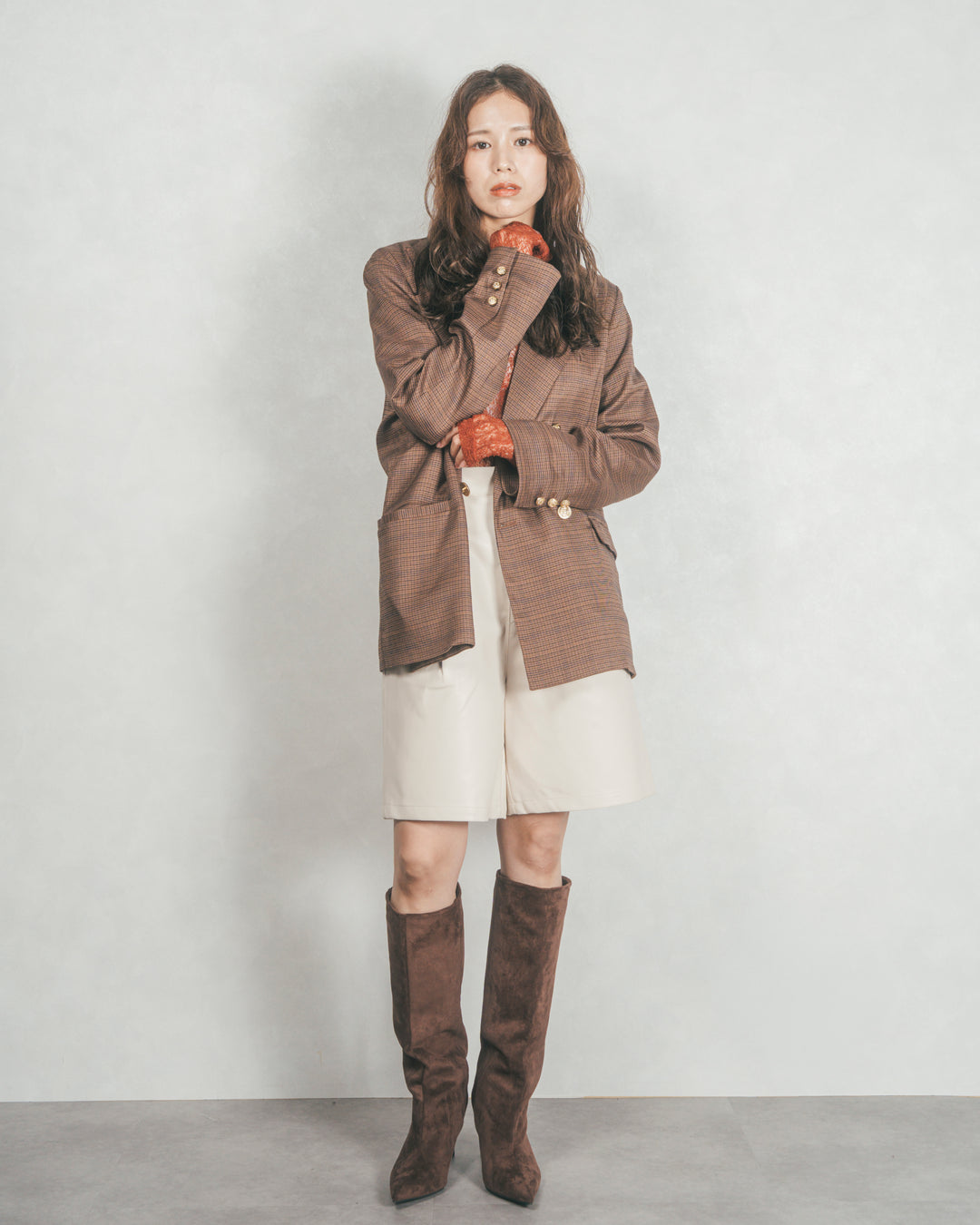 ［SET］Effortless チェックジャケット+レザーライクハーフパンツ（2SET）