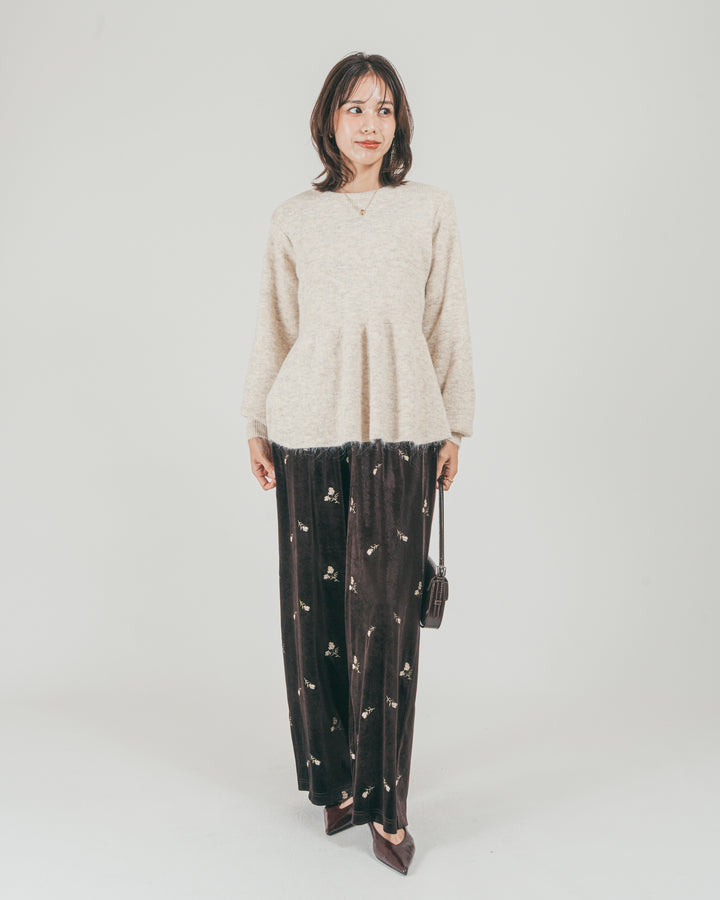 ［SET］モヘア Peplumニット + Flower刺繍 ベロアパンツ（2SET）