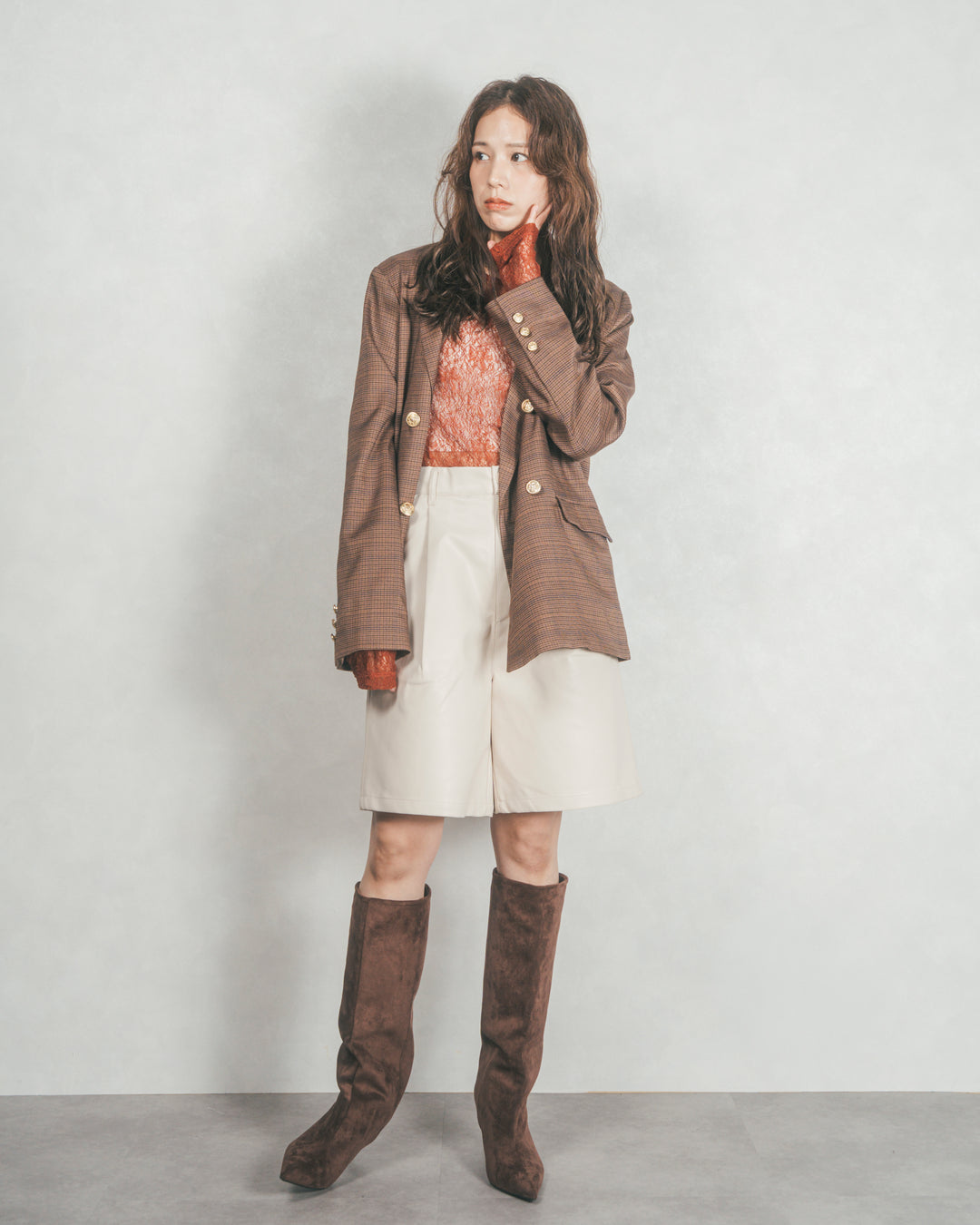 ［SET］Effortless チェックジャケット+レザーライクハーフパンツ（2SET）