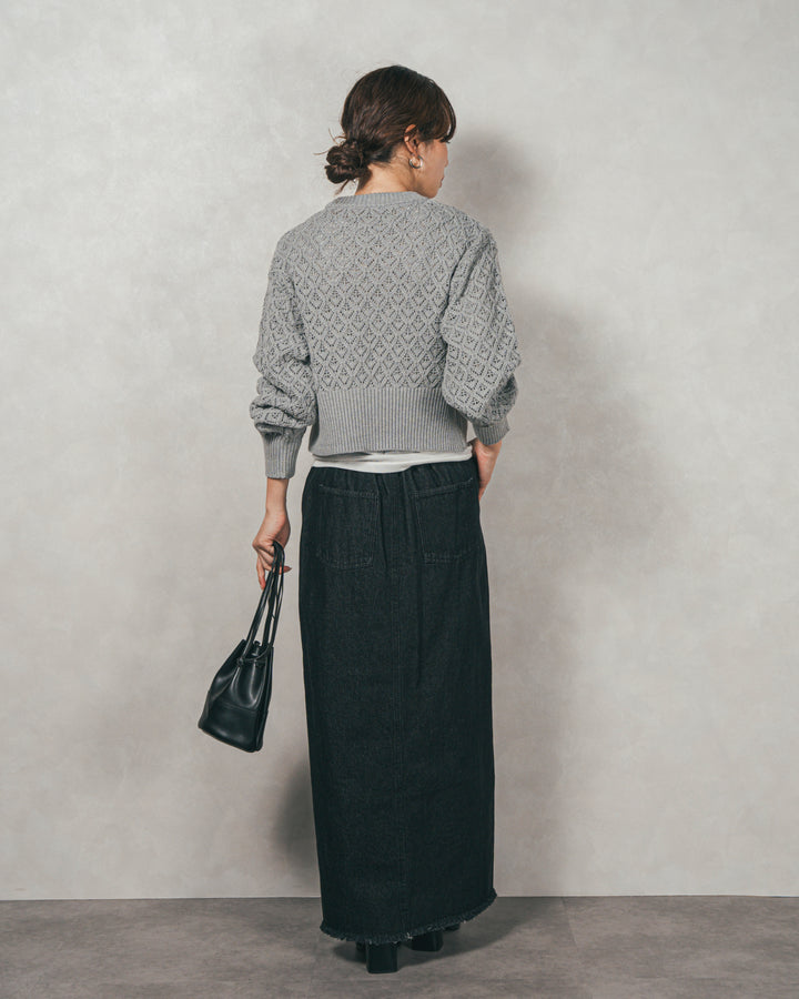 ［SET］透かし編みフロントスリットニット+フロントスリット Iラインデニムスカート（2SET）