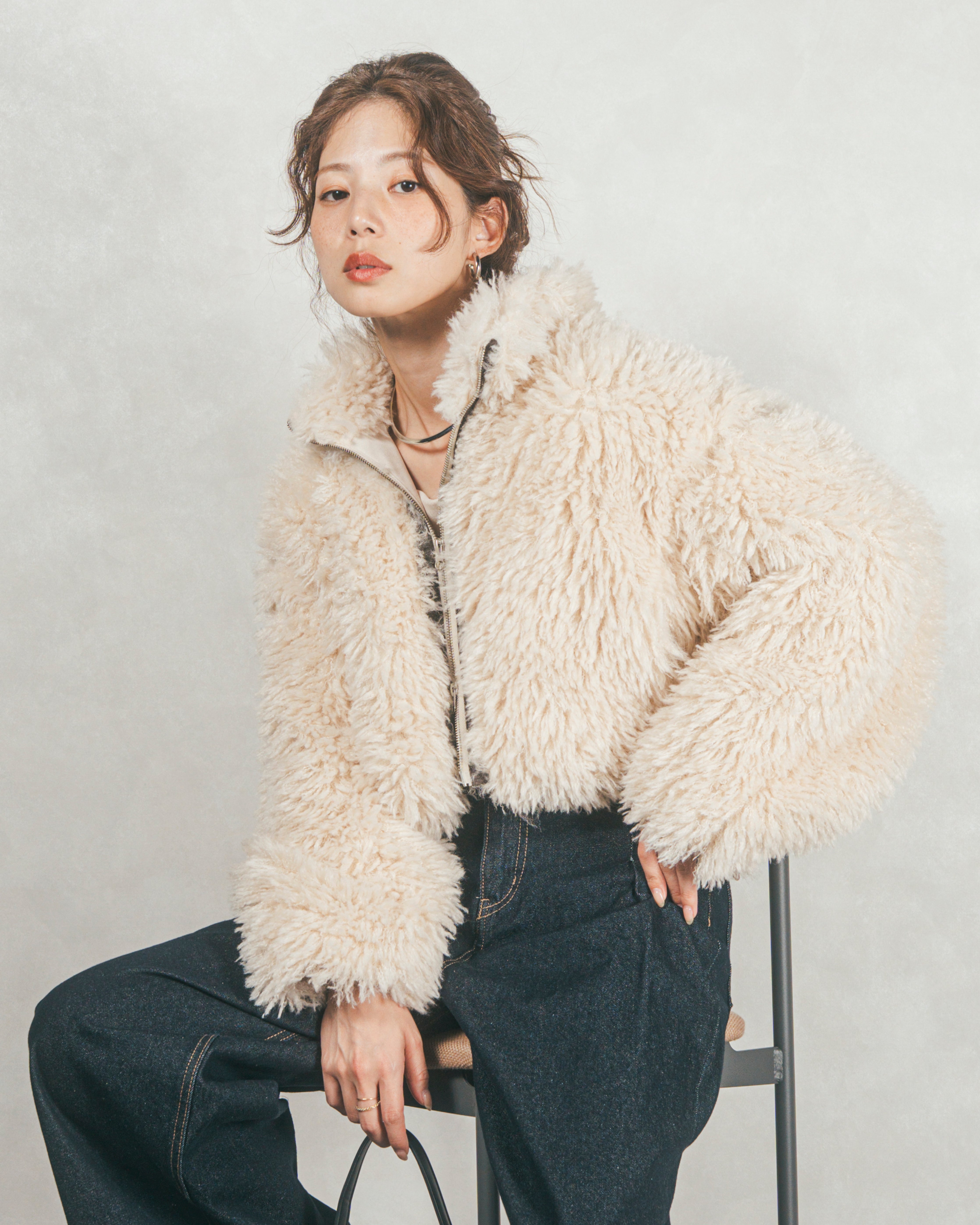 SET］プードルボアZipショートコート+ワイドTuckイージーデニム（2SET