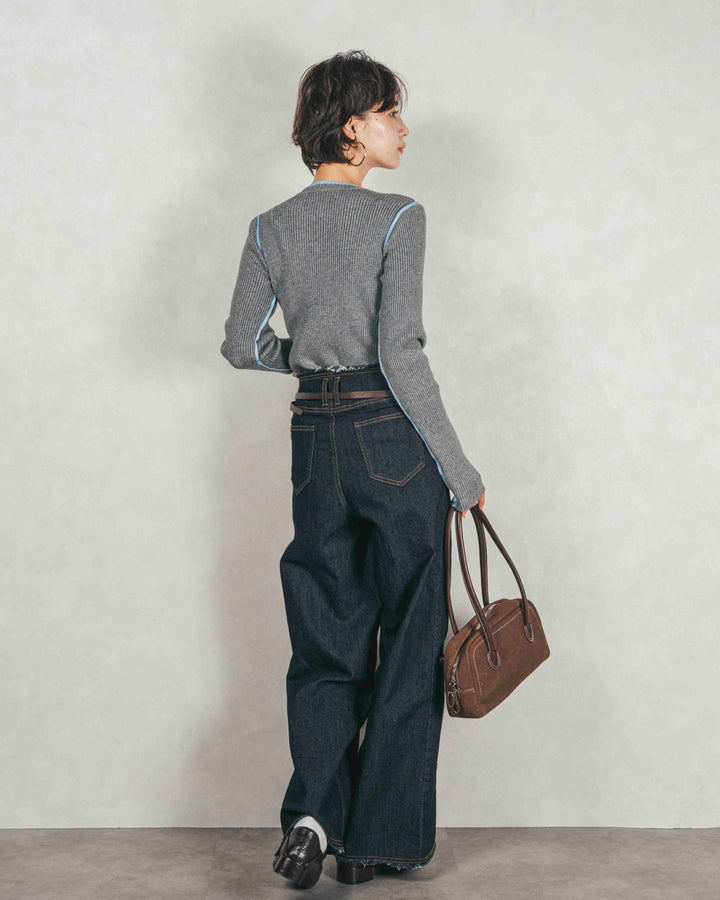 バイカラークルーネックニットトップス (GRAY x LIGHT BLUE)