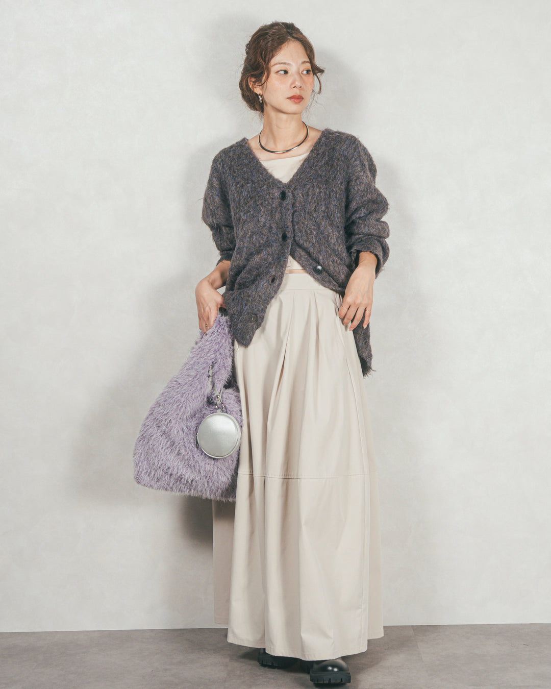 ［SET］Airyフェザー ニットカーディガン+コクーンシルエットロングスカート（2SET）