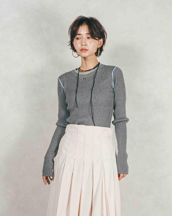 バイカラークルーネックニットトップス (GRAY x LIGHT BLUE)