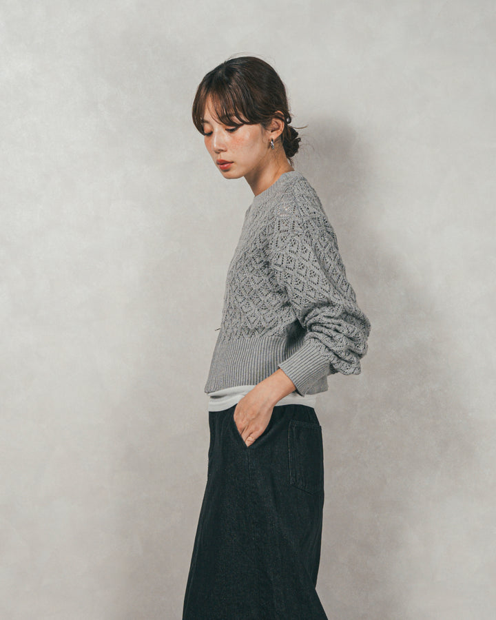 ［SET］透かし編みフロントスリットニット+フロントスリット Iラインデニムスカート（2SET）