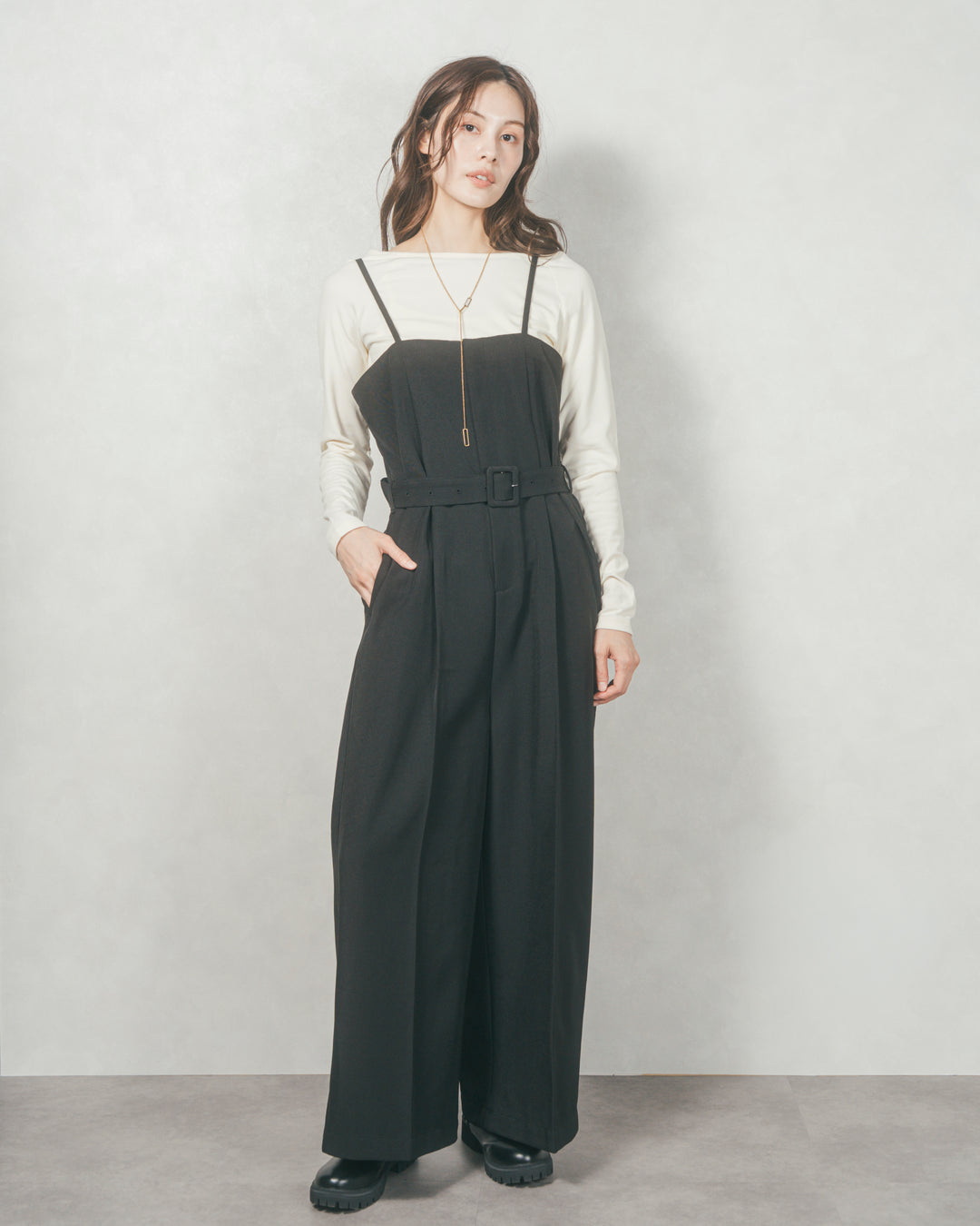 ウエストベルト付 Twillキャミサロペ (BLACK)