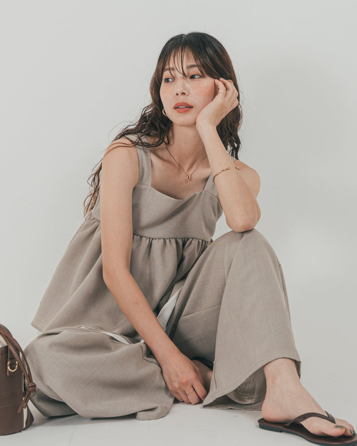 ［SET］スラブTweedバイカラーティアードキャミ + スラブTweedタックワイドパンツ（2SET）