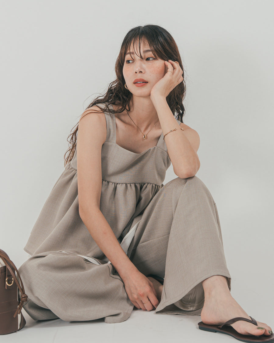 ［SET］スラブTweedバイカラーティアードキャミ + スラブTweedタックワイドパンツ（2SET）