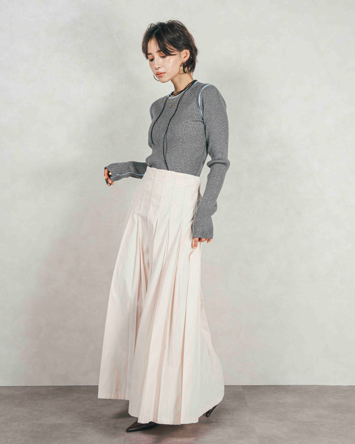 ［SET］バイカラークルーネックニットトップス+W-Tuckプリーツロングスカート（2SET）