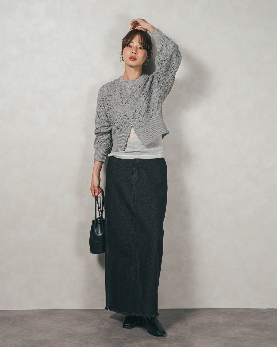 透かし編みフロントスリットニット（GREY）
