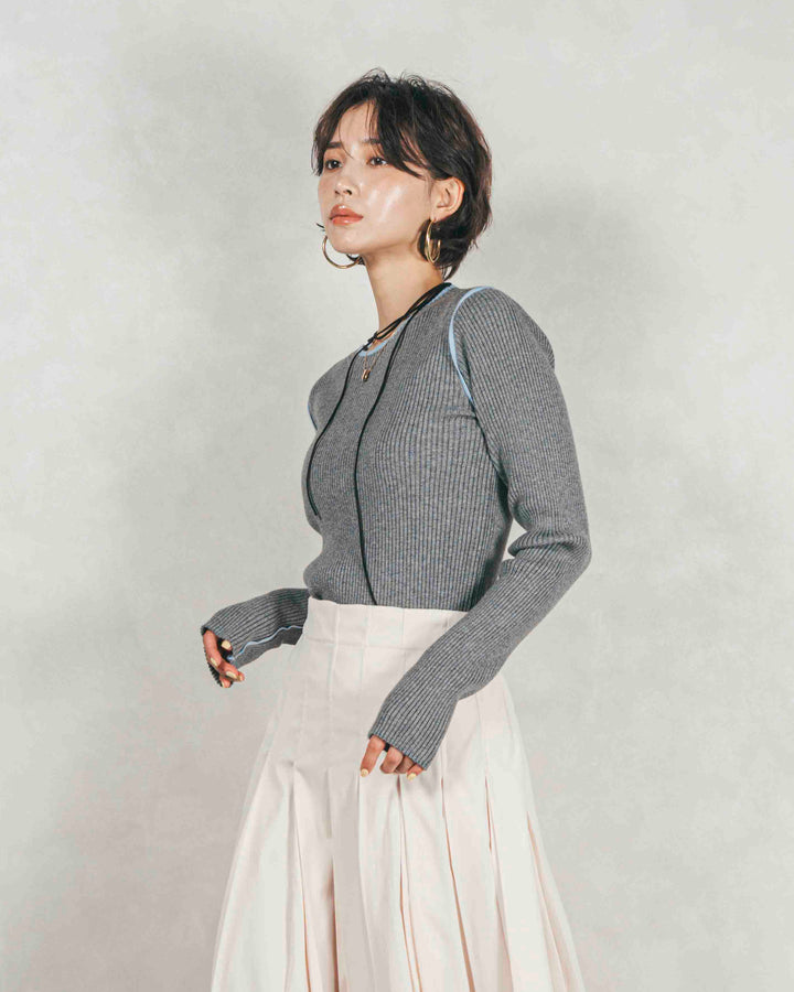 バイカラークルーネックニットトップス (GRAY x LIGHT BLUE)