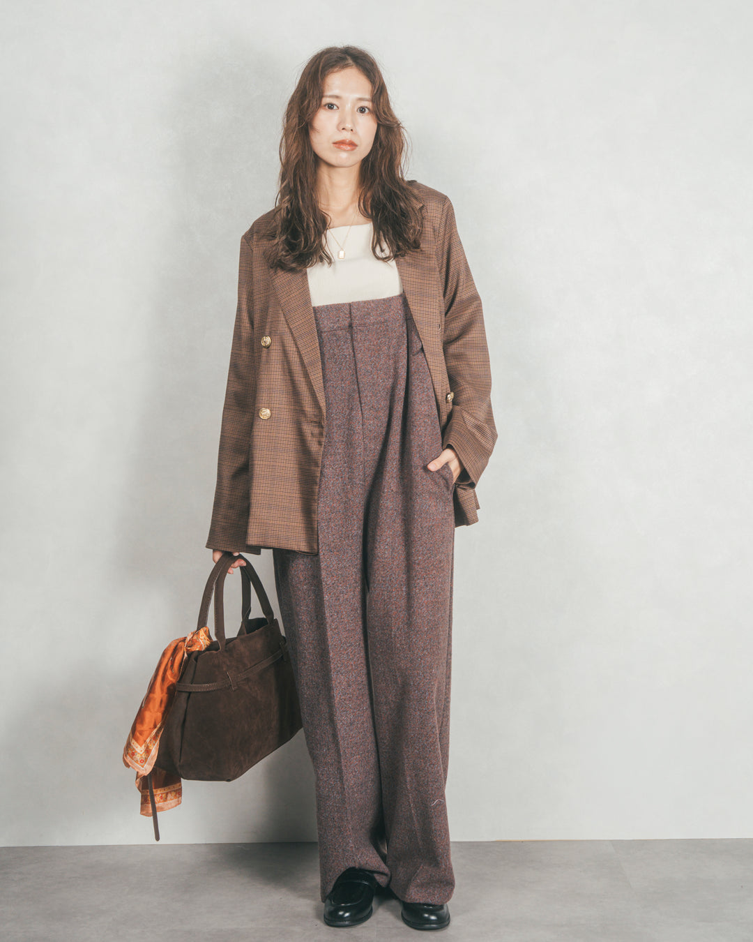 ［SET］Effortless チェックジャケット+Tweedベロアサロペット（2SET）