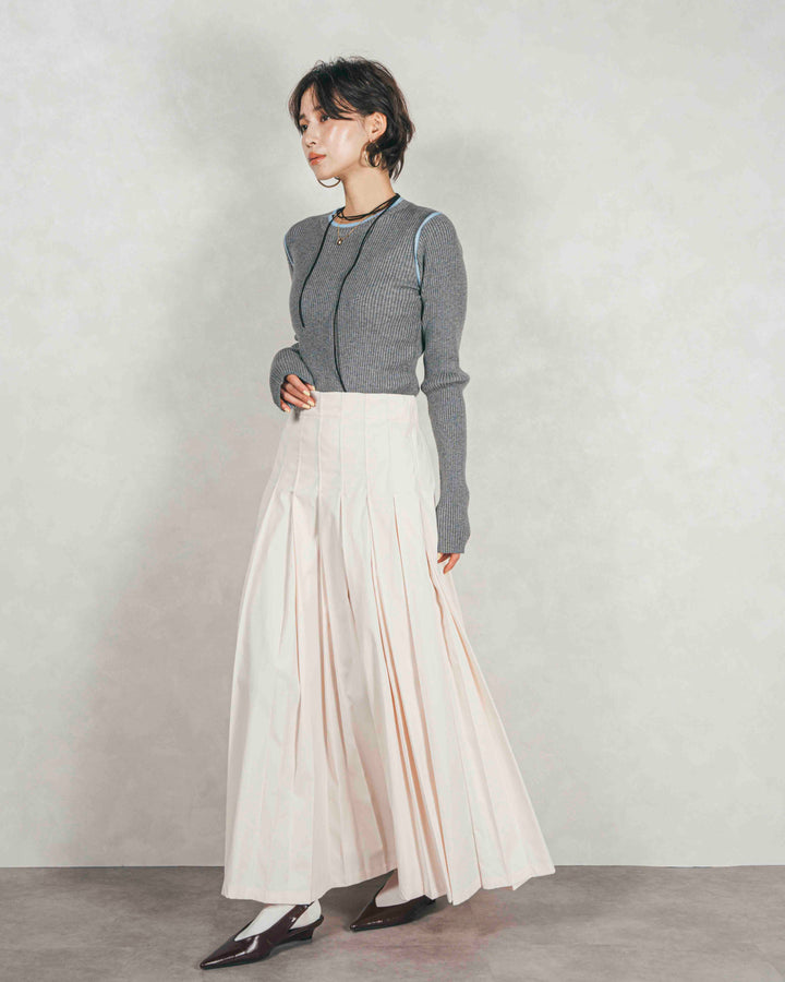 ［SET］バイカラークルーネックニットトップス+W-Tuckプリーツロングスカート（2SET）