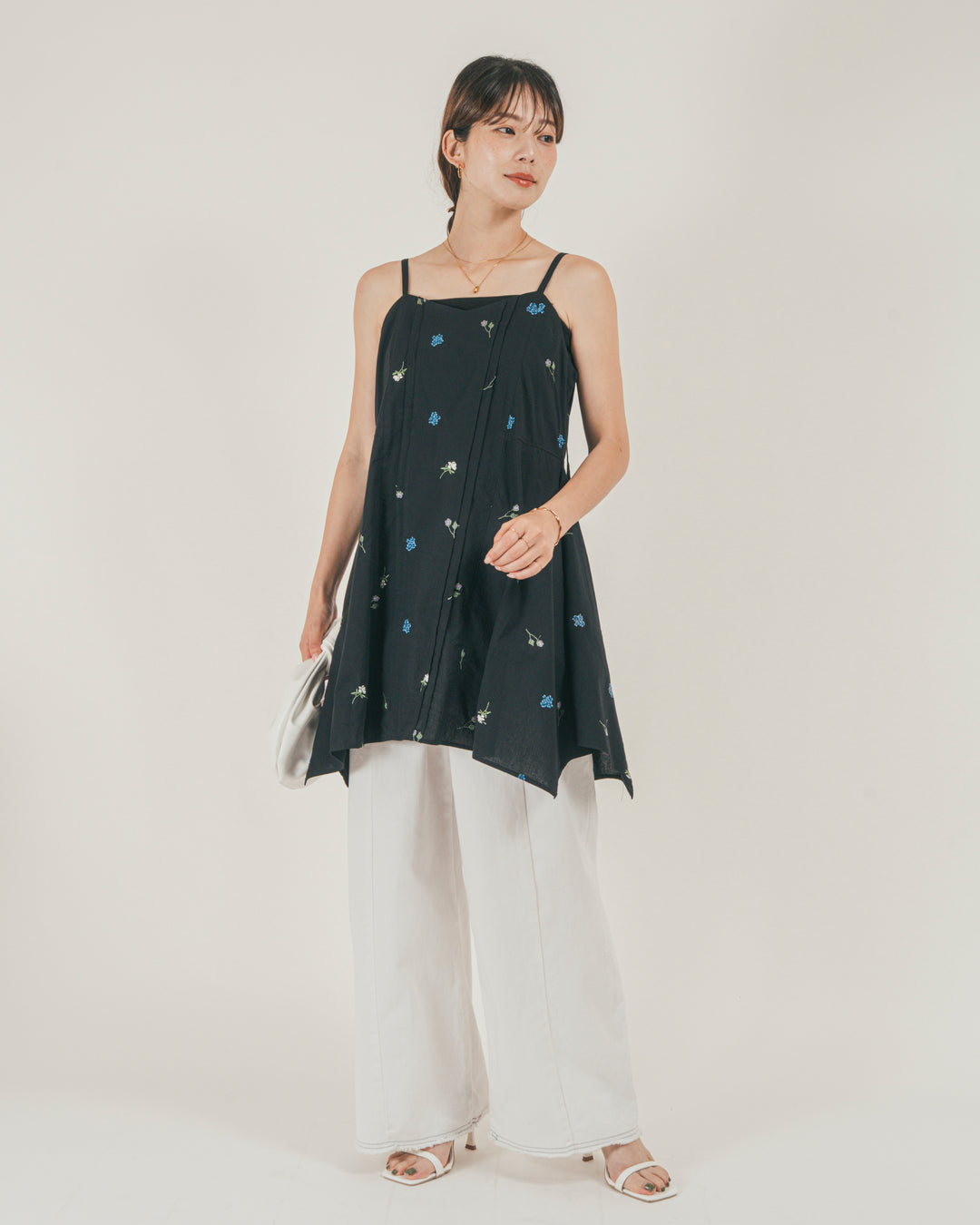 ［SET］Flower刺繍チュニックキャミ + 10oz ニュアンスバイカラー リラックスワイドデニム（2SET）