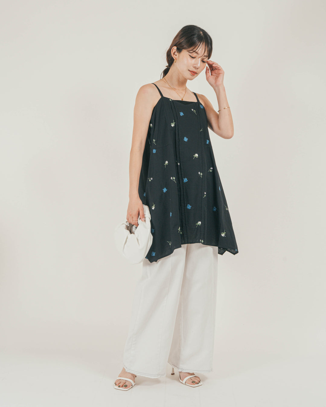 ［SET］Flower刺繍チュニックキャミ + 10oz ニュアンスバイカラー リラックスワイドデニム（2SET）