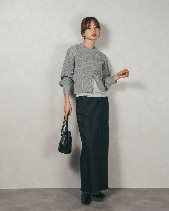 ［SET］透かし編みフロントスリットニット+フロントスリット Iラインデニムスカート（2SET）