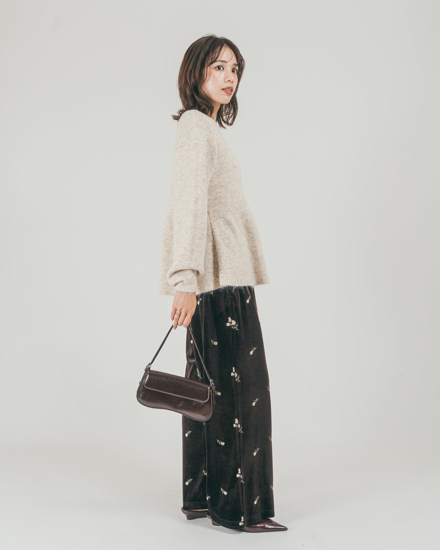 ［SET］モヘア Peplumニット + Flower刺繍 ベロアパンツ（2SET）