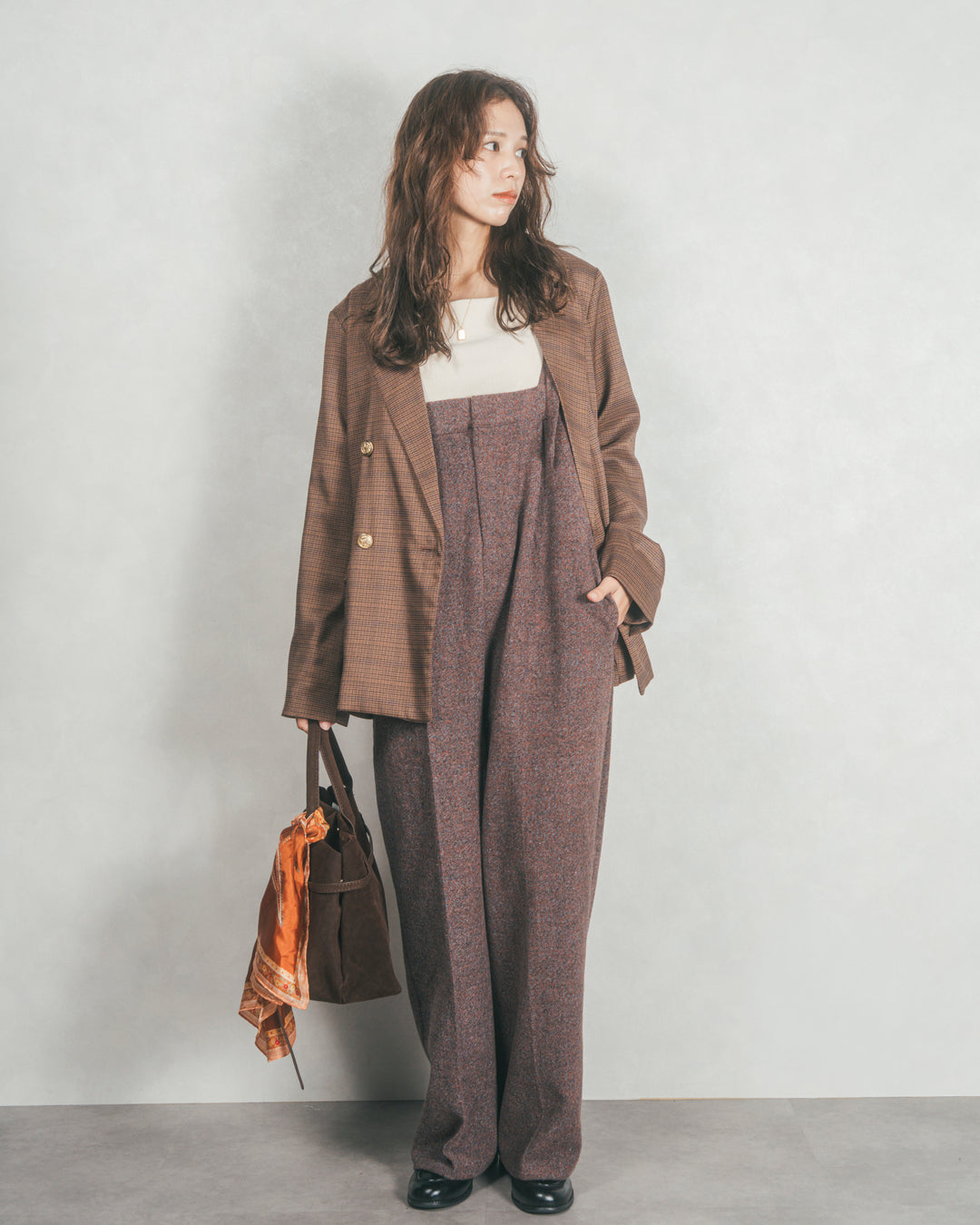 ［SET］Effortless チェックジャケット+Tweedベロアサロペット（2SET）