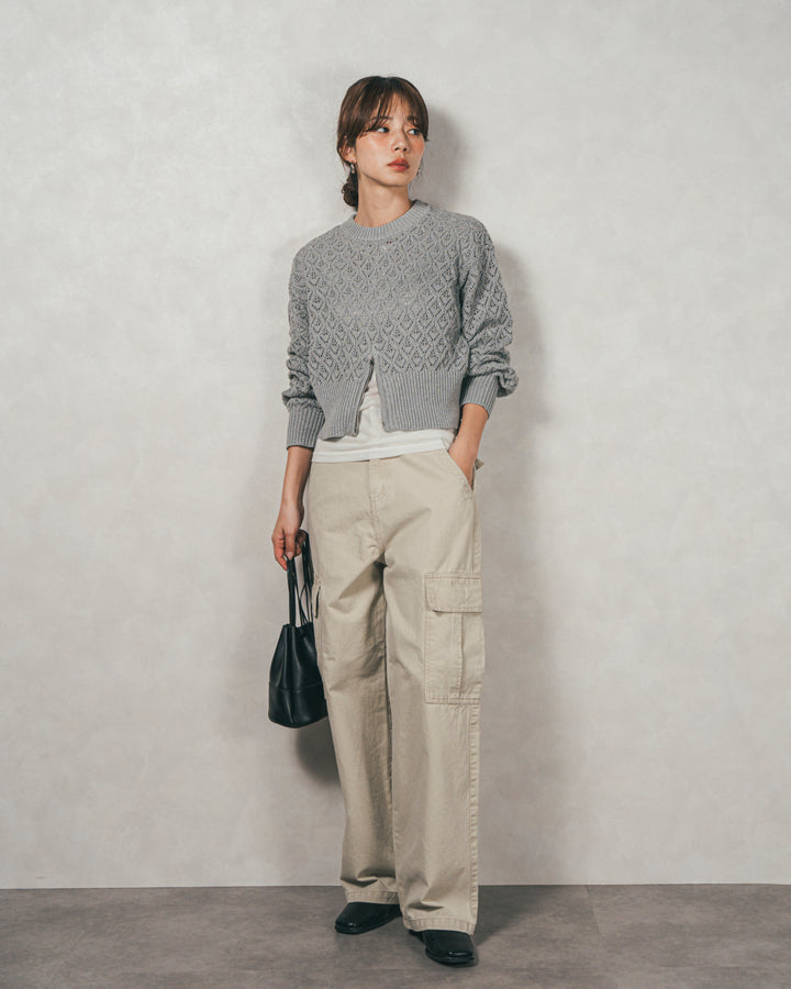 ［SET］透かし編みフロントスリットニット+ピグメントツイルカーゴパンツ（2SET）