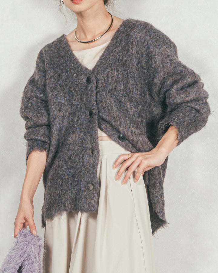 ［SET］Airyフェザー ニットカーディガン+フロントスリット Iラインデニムスカート（2SET）