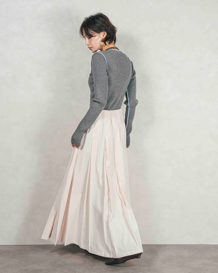 ［SET］バイカラークルーネックニットトップス+W-Tuckプリーツロングスカート（2SET）
