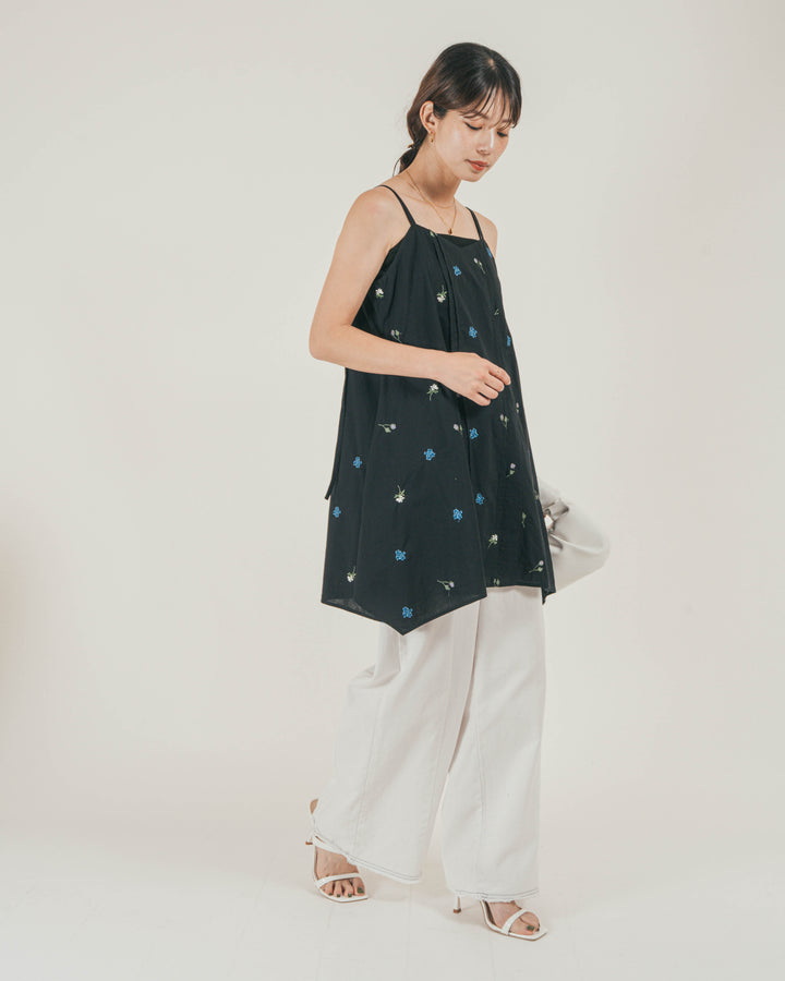 ［SET］Flower刺繍チュニックキャミ + 10oz ニュアンスバイカラー リラックスワイドデニム（2SET）