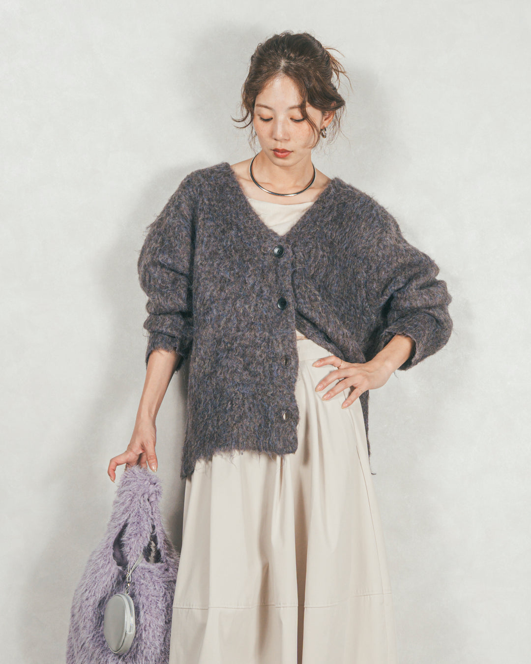 ［SET］Airyフェザー ニットカーディガン+コクーンシルエットロングスカート（2SET）