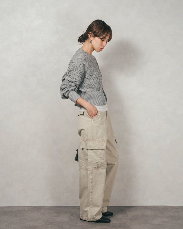 ［SET］透かし編みフロントスリットニット+ピグメントツイルカーゴパンツ（2SET）