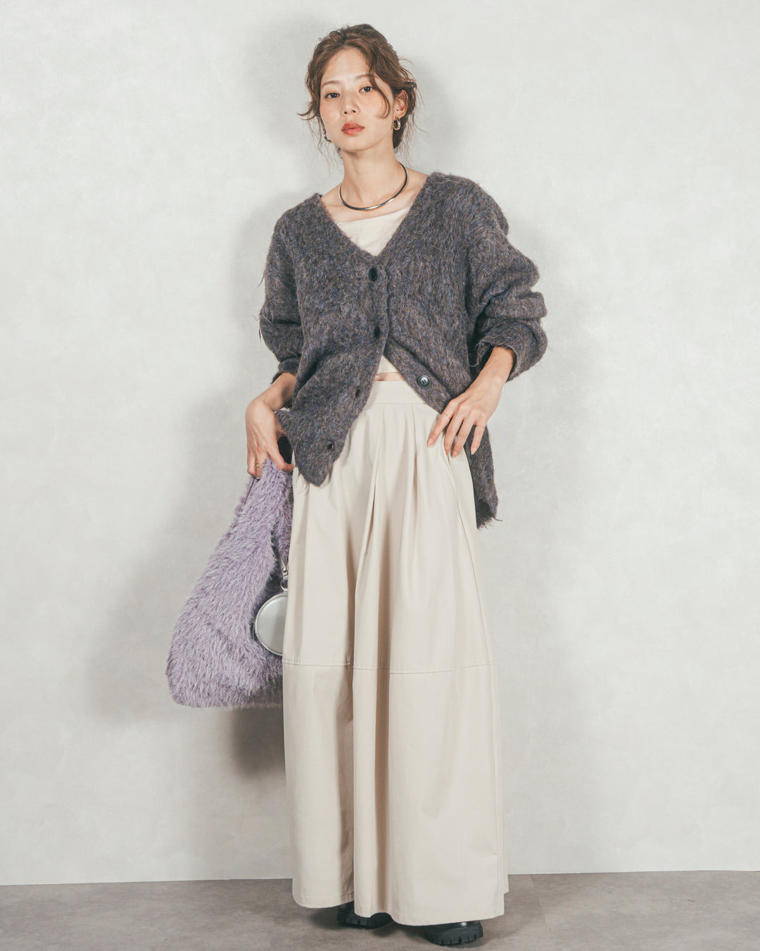 ［SET］Airyフェザー ニットカーディガン+コクーンシルエットロングスカート（2SET）