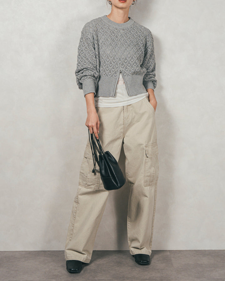 ［SET］透かし編みフロントスリットニット+ピグメントツイルカーゴパンツ（2SET）