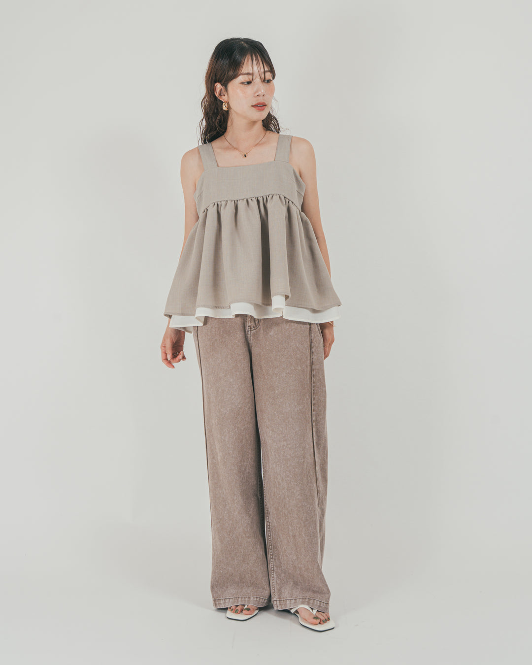 ［SET］スラブTweedバイカラーティアードキャミ + 10oz サイドタック リラックスデニムパンツ（2SET）